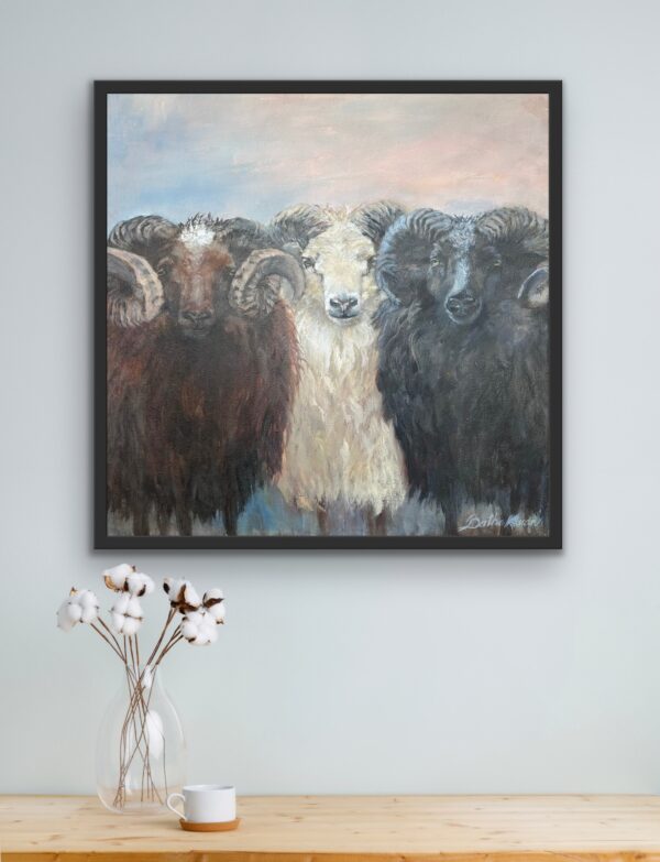 Horny in the Highlands, a painting of three Icelandic rams, by