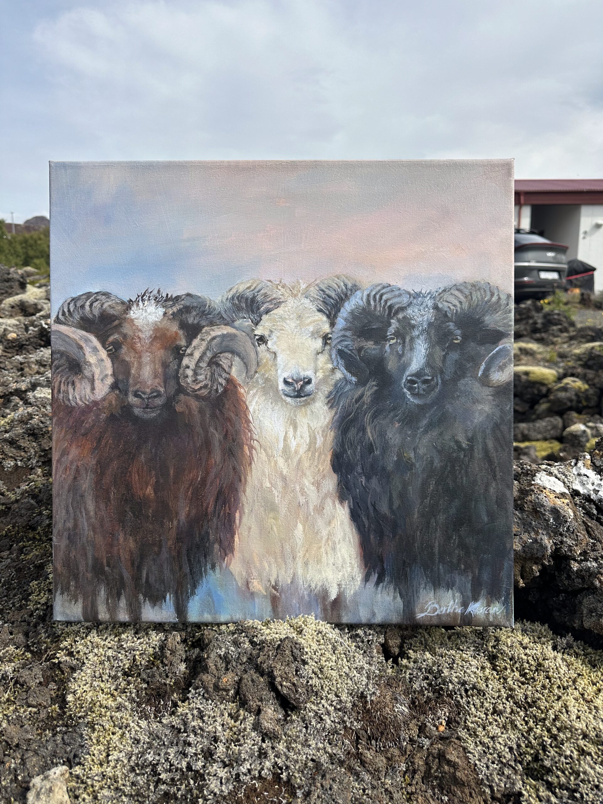 Horny in the Highlands, a painting of three Icelandic rams, by Bertha Kvaran ART