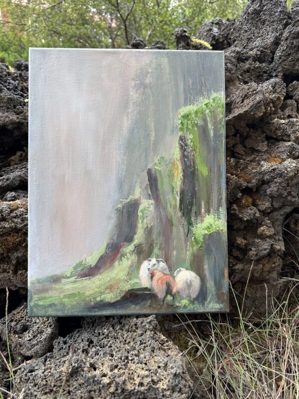 Í vari, a small painting of Icelandic sheep with her two lambs, seeking shelter by the rocks, by Bertha Kvaran ART