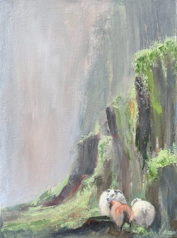Í vari, a small painting of Icelandic sheep with her two lambs, seeking shelter by the rocks, b