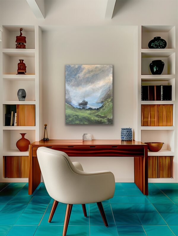Bátur vaggar, a painting of a boat in a foggy inlet somewhere in Iceland, by Bertha Kvaran ART