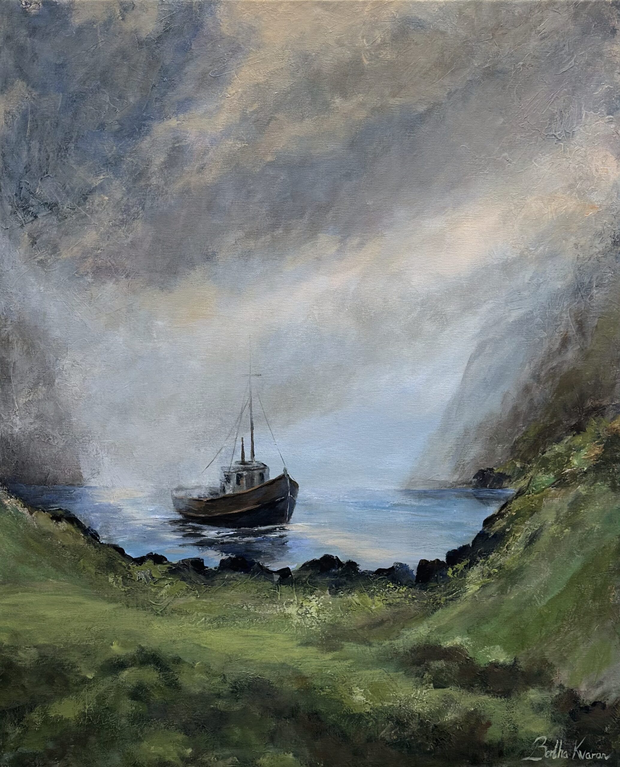 Bátur vaggar, a painting of a boat in a foggy inlet somewhere in Iceland, by Bertha Kvaran ART