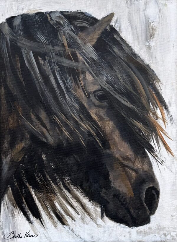 Drottning, a small portrait painting of an Icelandic horse with a long mane, by B