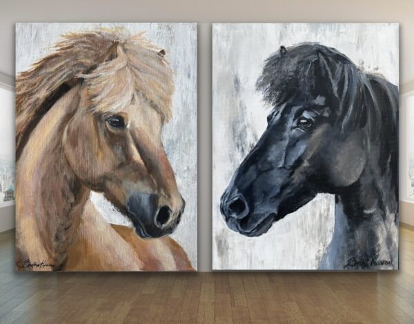 Stáli frá Kjarri og Bleikur frá Kjarri, a portrait painting of an Icelandic horse by Bertha Kvaran ART