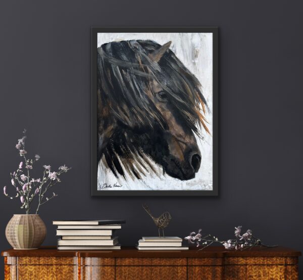 Drottning, a small portrait painting of an Icelandic horse with a long mane, by Bertha Kvaran ART