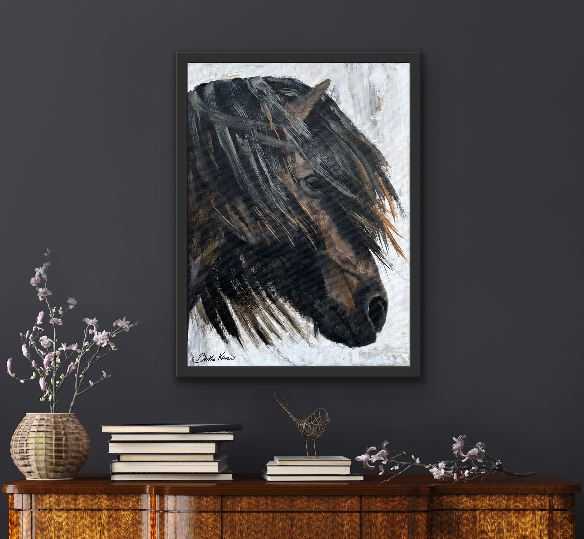 Drottning, a small portrait painting of an Icelandic horse with a long mane, by Bertha Kvaran ART