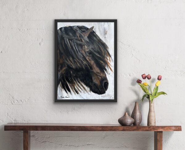 Drottning, a small portrait painting of an Icelandic horse with a long mane, by B