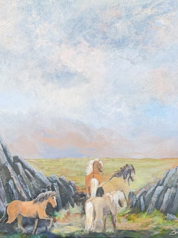 Hestaferð, fyrsti áfangi, the first painting in a series of four, showing horses in the Icelandic landscape, painted by Bertha Kvaran
