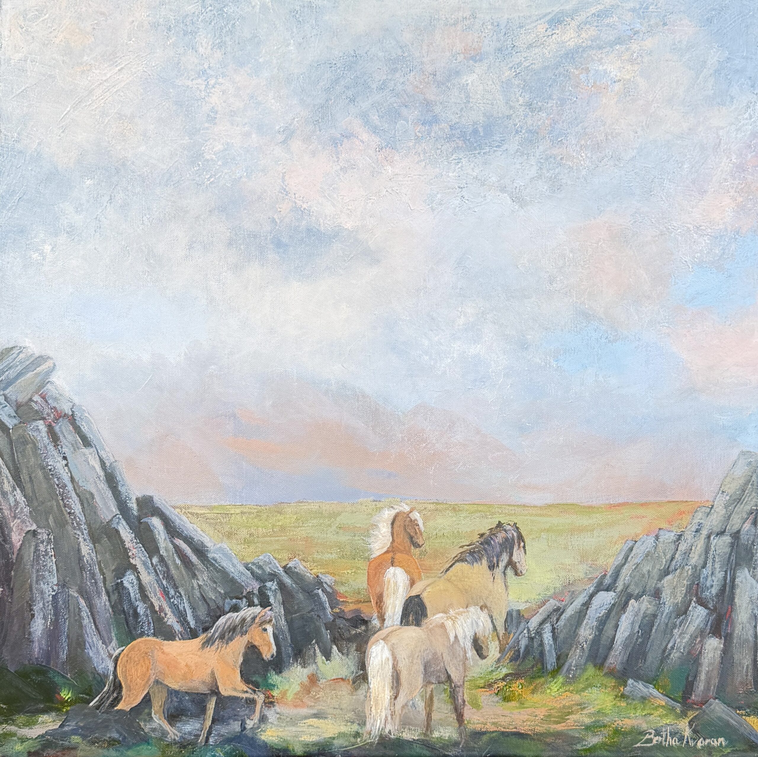 Hestaferð, fyrsti áfangi, the first painting in a series of four, showing horses in the Icelandic landscape, painted by Bertha Kvaran