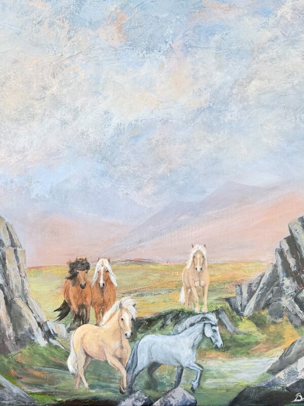 Hestaferð, annar áfangi. The second painting in the series about the Horsetrips in the Icelandic nature, painted by Bertha Kvaran