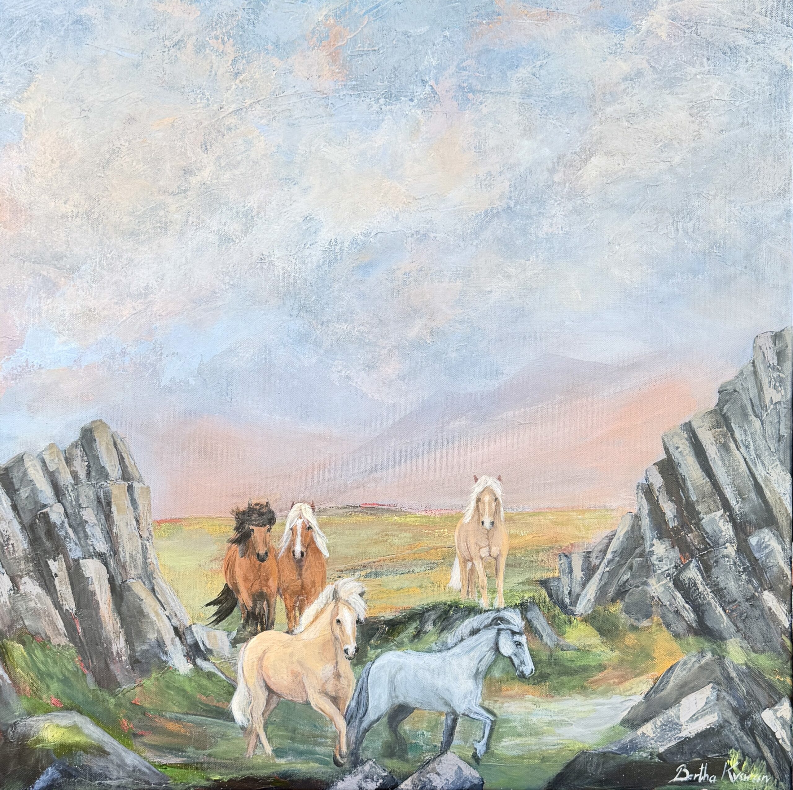 Hestaferð, annar áfangi. The second painting in the series about the Horsetrips in the Icelandic nature, painted by Bertha Kvaran