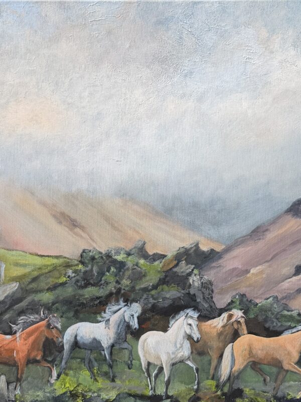 Hestaferð, þriðji áfangi, the third painting in the series about the horsetrips in the Icelandic nature, painted by Bertha Kvaran
