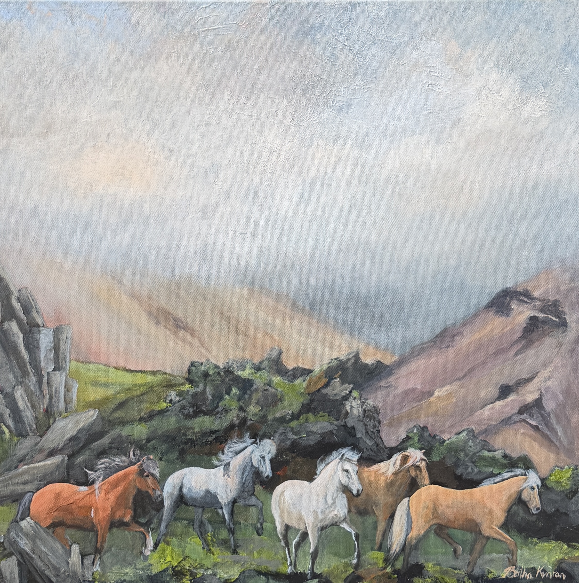 Hestaferð, þriðji áfangi, the third painting in the series about the horsetrips in the Icelandic nature, painted by Bertha Kvaran