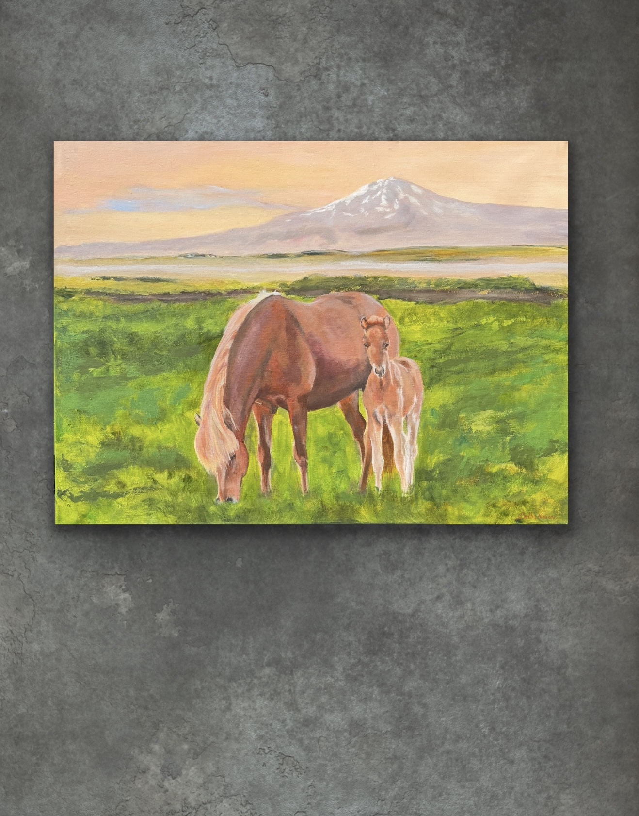 Miðnætur sól, a painting showing an Icelandic mare with a foal in the Icelandic Midnight sun with Volcano Hekla in the